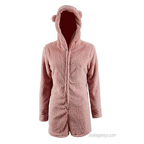 Missfamo Ladies Cute Long Sleeve Sleepwear Fleece Hooded Cozy Sherpa Romper Fluffy Pajamas Short