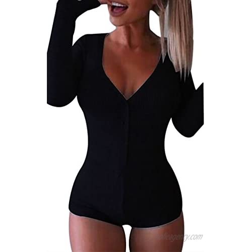 Moxeay Onesies Shorts Pajamas Women Long Sleeve Shorts Knitted V Neck One Piece Bodysuit Bodycon Rompers Overall
