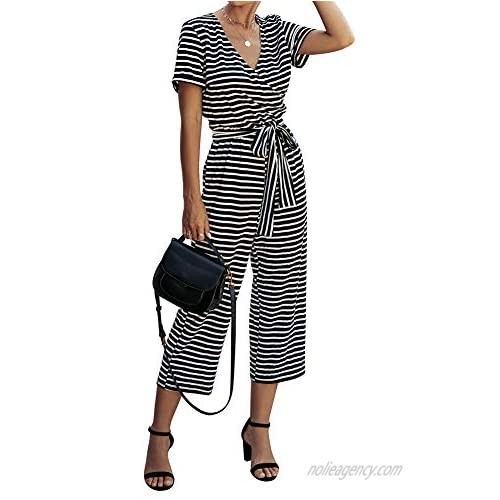 N /A Women 's Short Sleeve Wrap V Neck Striped Jumpsuit Wide Leg Pants Summer Loose Playsuit Romper with Pockets and Belts