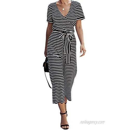 N /A Women 's Short Sleeve Wrap V Neck Striped Jumpsuit Wide Leg Pants Summer Loose Playsuit Romper with Pockets and Belts