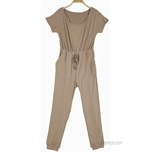 Oftalle Women Short Sleeve Jumpsuit Casual Fit Elastic Waist Stretchy Long Romper with Pocket