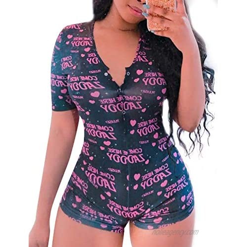 Onesie Pajamas For Women Sexy One Piece Shorts Birthday Lingerie Rompers V Neck Pattern Jumpsuit