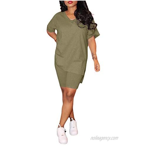 Ophestin Womens Casual Solid 2 Piece Outfits Jumpsuits V Neck T Shirt Top Bodycon Fifth Capri Pants Set