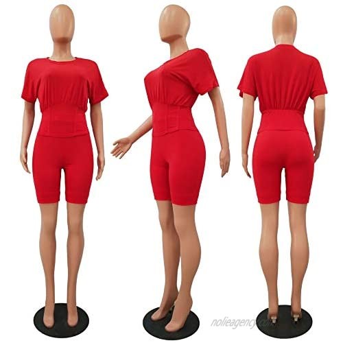Remelon Womens Casual 2 Piece Outfits Romper Sweatsuits Ruched Waisted T Shirts Tops Bodycon Short Pants Set Tracksuits
