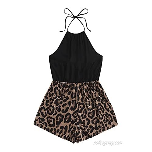 Romwe Women's Plus Size Sleeveless Leopard Print Open Back Halter Romper Jumpsuit