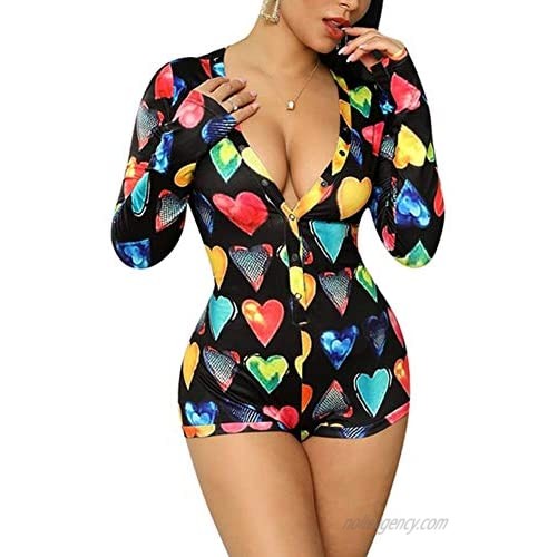 RUEWEY Women V-Neck Shorts Jumpsuit One Piece Bodysuit Pajama Long Sleeve Bodycon Rompers Overall