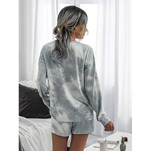 SheIn Women's 2 Piece Tie Dye Long Sleeve Round Neck Tee and Track Shorts Sets