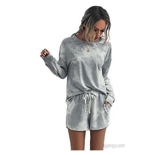 SheIn Women's 2 Piece Tie Dye Long Sleeve Round Neck Tee and Track Shorts Sets