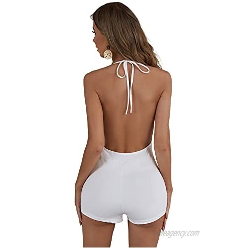 SheIn Women's Sexy Sleeveless Tie Backless Halter Romper Solid Cami Jumpsuit Shorts