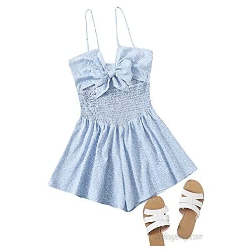 SheIn Women's Tie Cut Out Sleevelss Cami Romper Ditsy Floral Shirred Jumpsuit Shorts