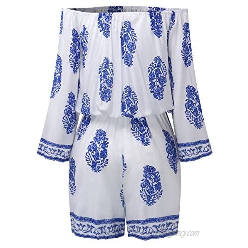SIMSHION Women's Boho Floral Print Off Shoulder Strapless Short Jumpsuit Playsuit Romper