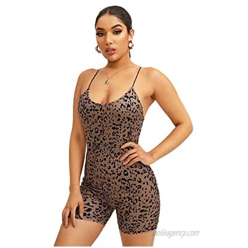 SweatyRocks Women's Sleeveless Leopard Print Backless Romper Bodycon Short Catsuit