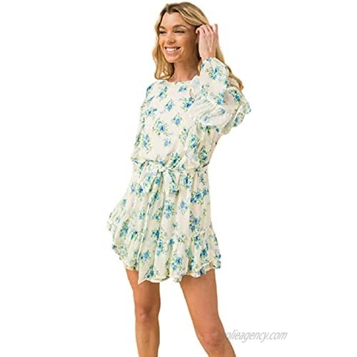 THFB Women's Floral Print Romper with Ruffled Sleeve and Hem Tie Waist