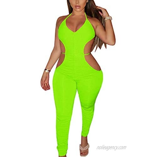 ThusFar Women's Summer Lace Up Jumpsuit Sexy Ruched Club Outfits Bodycon Cut Out Romper Plus Size