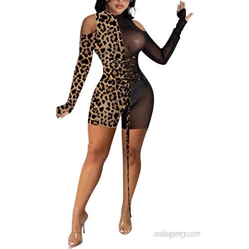 Uni Clau Women Sexy One Piece Rompers Cold Shoulder Leopard Print Sheer Mesh Patchwork Bodycon Short Jumpsuit Outfits