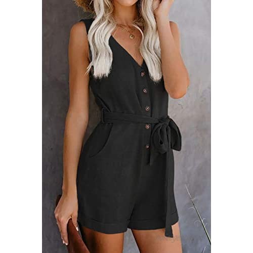 Uusollecy Women’s V Neck Romper Sleeveless Button Down Jumpsuit Summer Casual Short Pants Playsuit