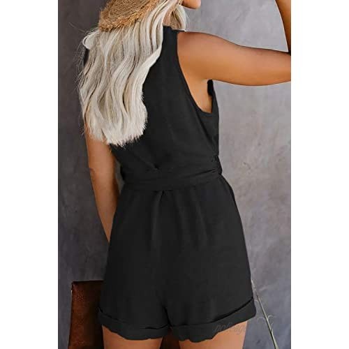 Uusollecy Women’s V Neck Romper Sleeveless Button Down Jumpsuit Summer Casual Short Pants Playsuit