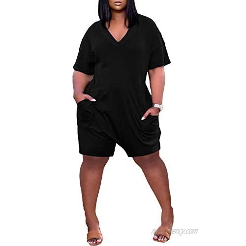 Vakkest Women's Summer Casual Jumpsuit One Piece Short Sleeve Shorts Loose Plus Size Outfit Rompers with Pockets