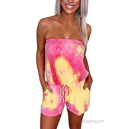 VNVNE Women's Tie Dye Off Shoulder Strapless Rompers  Drawstring Waist Backless Bodycon Shorts Jumpsuits with Pockets