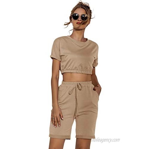 WAYMODE Women's 2 Piece Tracksuit Short Sleeve Crop Top and Shorts with Pockets Oufits