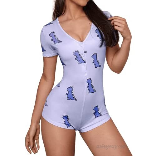 WDIRARA Women's Dinosaur Print V Neck Button One Piece Bodysuit Rompers Pajama