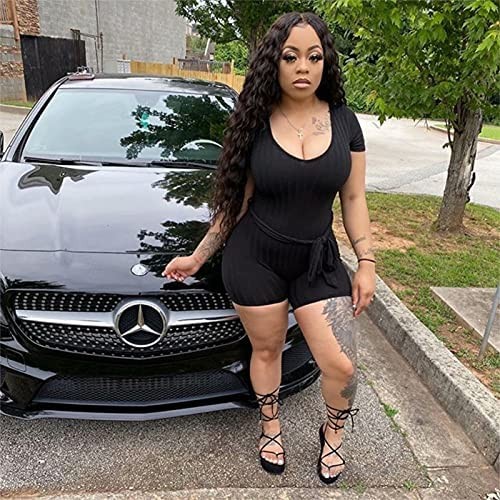 Women's Black Rompers Sexy Deep V Neck Rib Knit Short Sleeve One Piece Belted Rompers Short Jumpsuit XL