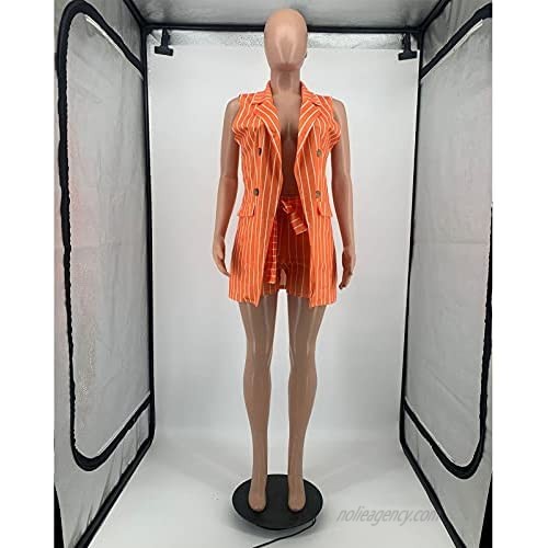 Women's Suits Two Piece Outfits - Elegant Stripe Sleeveless Vest Blazer Jacket + Self Tie Waist Shorts Set
