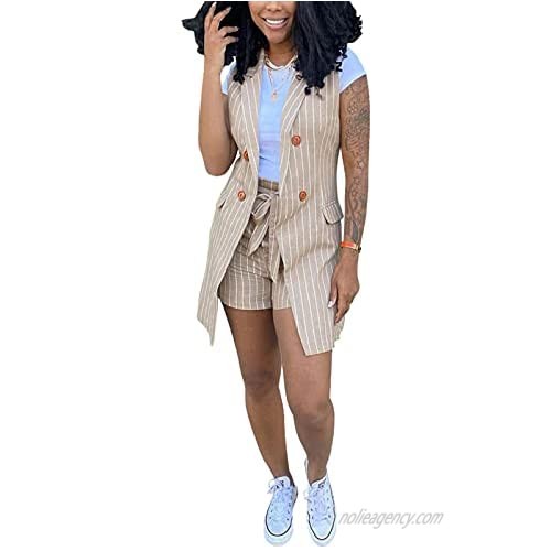 Women's Suits Two Piece Outfits - Elegant Stripe Sleeveless Vest Blazer Jacket + Self Tie Waist Shorts Set