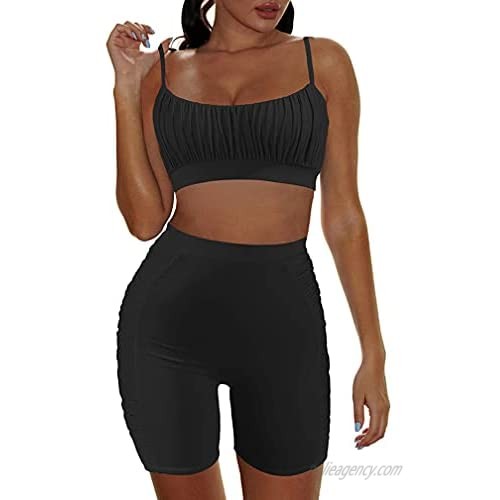 YMDUCH Women's Sexy Summer Adjustable Straps Crop Top Bodycon Shorts Ruched 2 Piece Sets