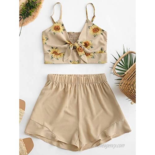 ZAFUL Women's 2 Piece Outfit Spaghetti Straps Tie Front Smocked Back Crop Cami Top with Shorts Set
