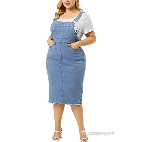 Agnes Orinda Plus Size Overalls Dresses for Women Jeans Adjustable Strap Back Slit Distressed Denim Overall Dress