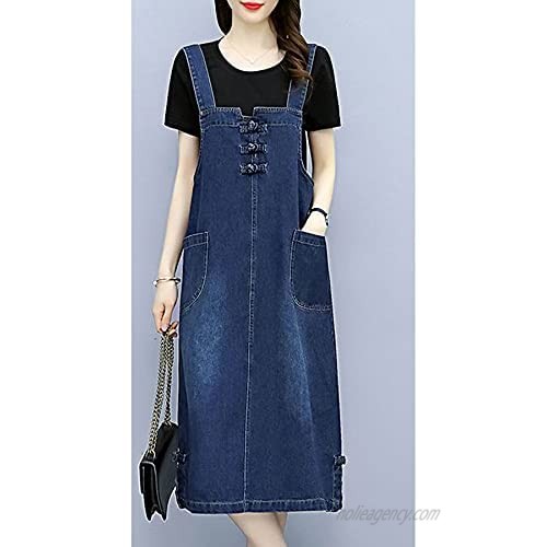 Ainangua Women's Denim Overalls Dress Midi Length A-Line Pinafore Jean Dress Rompers with Pocket