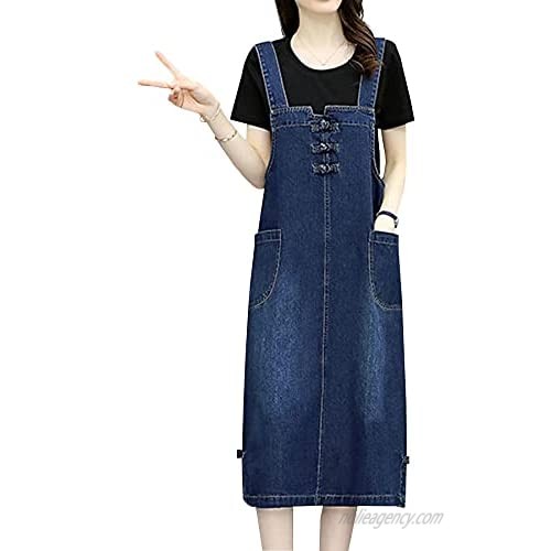 Ainangua Women's Denim Overalls Dress Midi Length A-Line Pinafore Jean Dress Rompers with Pocket