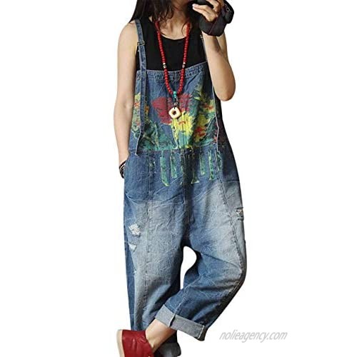 Beaurex Women Overalls Jeans Cropped Loose Baggy Denim Printed Distressed Jumpsuit Rompers TR1001 (01BLUE  L)