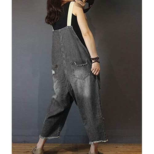Beaurex Women Overalls Jeans Cropped Loose Baggy Denim Wide Leg Jumpsuit Rompers TR1002 (02 Black XL)
