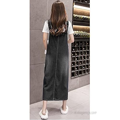 COWOKA Women's Denim Strap Dress Large Size Loose Casual Solid Color Mid-Length Skirt
