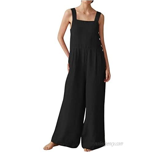 Flygo Women's Baggy Wide Leg Overalls Cotton Linen Jumpsuit Harem Pants Casual Romper