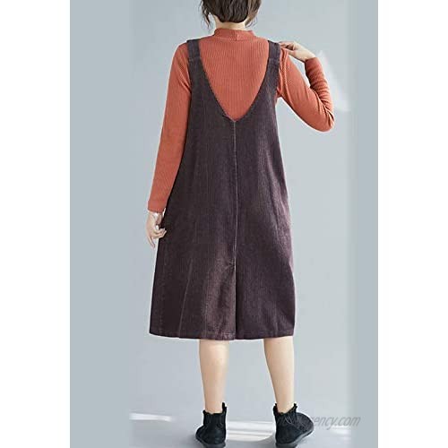 Flygo Women's Button Front A-line Midi Long Corduroy Pinafore Overall Dress Suspender Skirt with Pockets