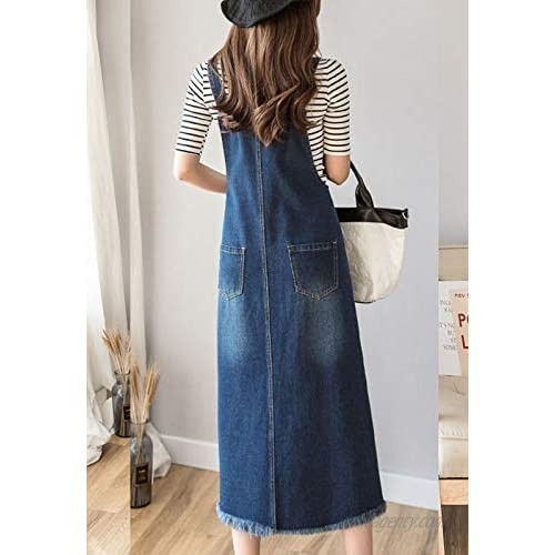 Flygo Womens Button Front Midi Long Denim Jean Jumpers Overall Pinafore Dress Skirt