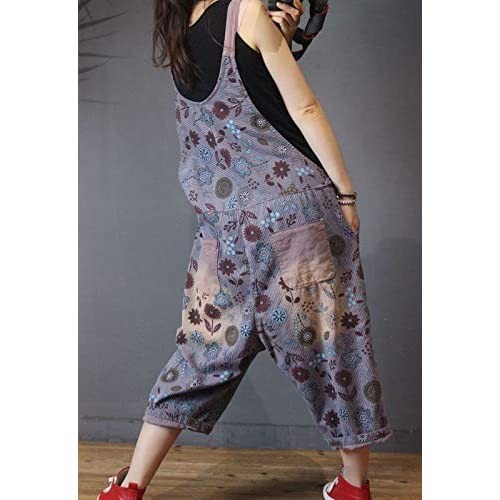 Flygo Women's Casual Loose Baggy Overalls Jumpsuits Rompers 100% Cotton Drop Crotch Floral Printed