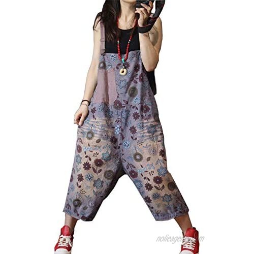 Flygo Women's Casual Loose Baggy Overalls Jumpsuits Rompers 100% Cotton Drop Crotch Floral Printed