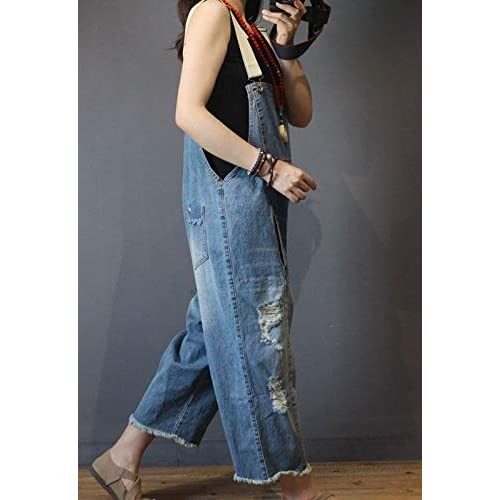 Flygo Women's Loose Baggy Cotton Wide Leg Drop Crotch Cropped Jumpsuit Rompers Overalls