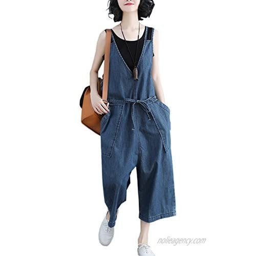 Flygo Womens Loose Baggy Overalls Jumpsuit Romper Cropped Wide Leg Low Crotch Denim Pants