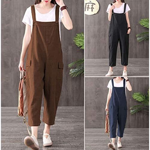 Gihuo Women's Casual Loose Cotton Linen Overalls Jumpsuit（Brown-S）