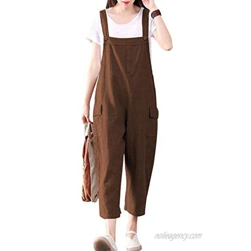 Gihuo Women's Casual Loose Cotton Linen Overalls Jumpsuit（Brown-S）