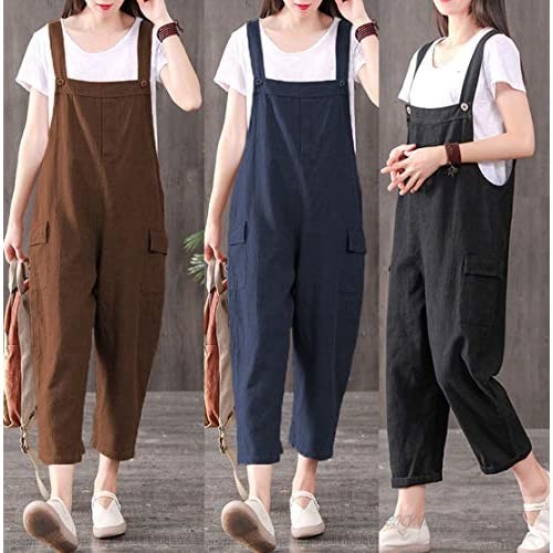 Gihuo Women's Fashion Loose Fit Cotton Linen Overalls Jumpsuit