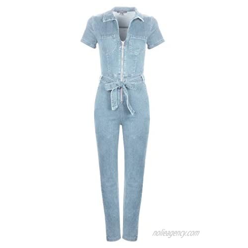 Glam and Gloria Women's Light Denim Jumpsuit Short Sleeve Jeans Romper Utility Overall
