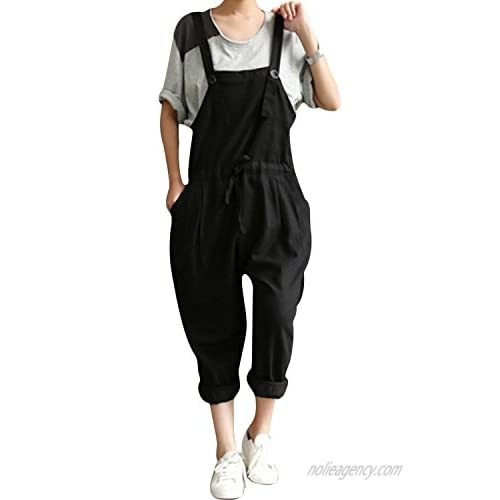 Helisopus Women's Baggy Adjustable Strap Sleeveless Plus Size Linen Overalls Jumpsuits Casual Loose Wide Leg Rompers