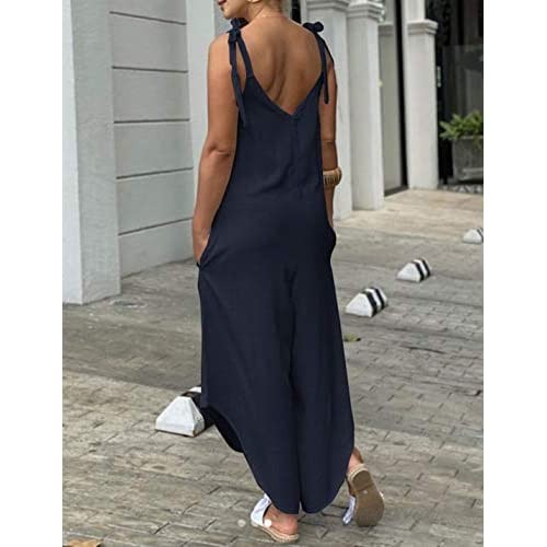 Himosyber Women's Casual V Neck Self Tie Knot Irregular Curved Hem Wide Leg Crop Jumpsuit Overall Pants