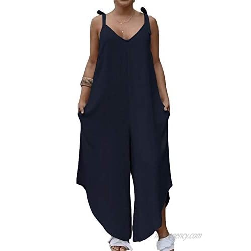 Himosyber Women's Casual V Neck Self Tie Knot Irregular Curved Hem Wide Leg Crop Jumpsuit Overall Pants